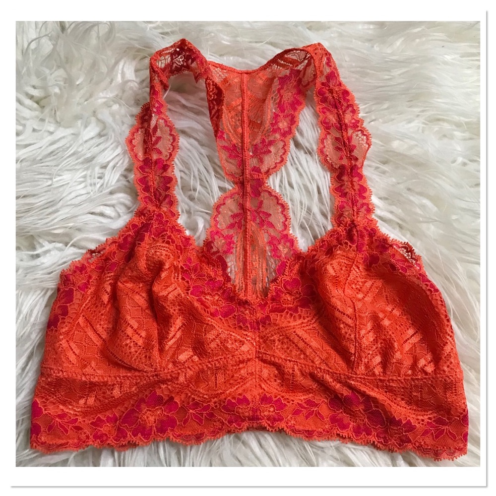 Free People Racerback Lace Bralette Orange & Hot Pink Floral Lace Size XS